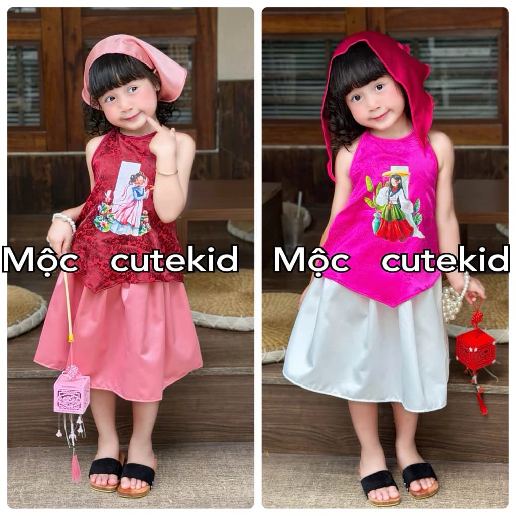 (7-35KG) Bộ yếm Chị Hằng cho bé gái [TẶNG KÈM KHĂN] bộ đồ bé gái mặc đi chơi Trung Thu, Lễ Tết