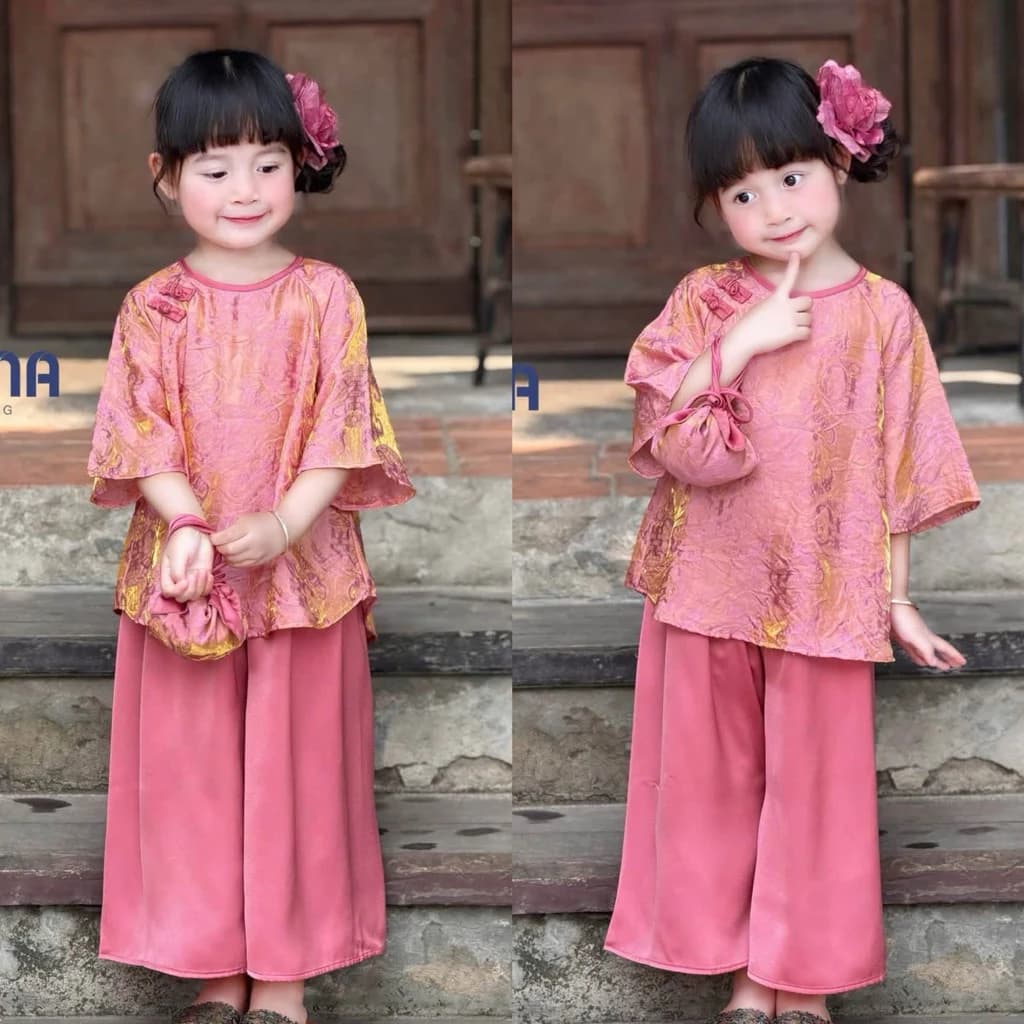 {Tặng kèm túi} Bộ bà ba cho bé gái kèm túi 2 màu hồng-vàng, Bộ bà ba cho bé đi chơi trung thu,tết