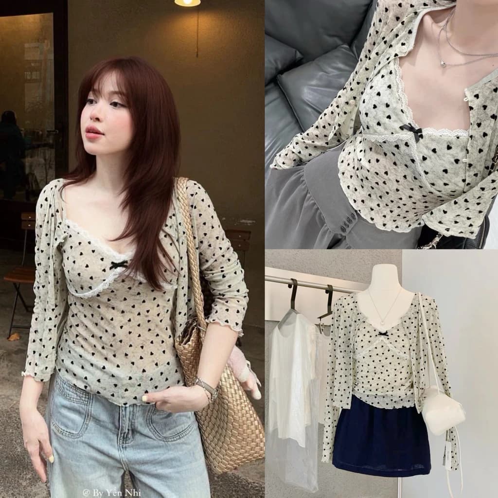 [Hàng Chuẩn QC] Set áo 2 dây xám hoạ tiết trái tim đính nơ kèm áo cardigan khoác ngoài Ulzzang A6604