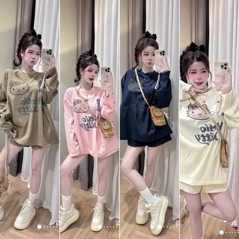 Set bộ thu đông áo dài tay DC quần đùi mèo hello kitti