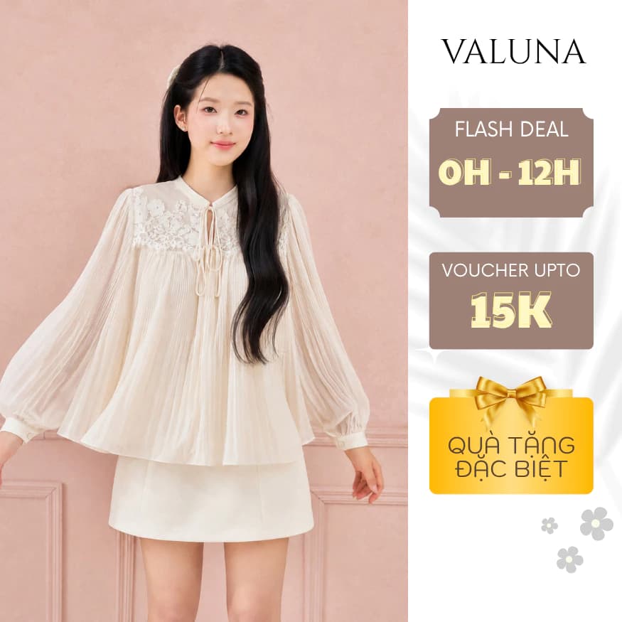 Set áo tơ nữ phối ren tay dài dập ly cổ nơ dáng suông tiểu thư Hàn Quốc cao cấp VALUNA STORE 2720
