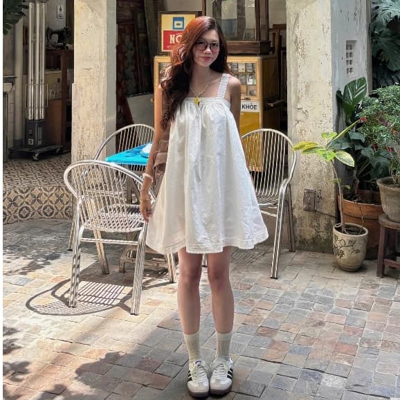 (ẢNH OLDSCHOOL) Váy babydoll kate thô mùa hè ren viền vai cúc ngọc A3791 MILA DRESS