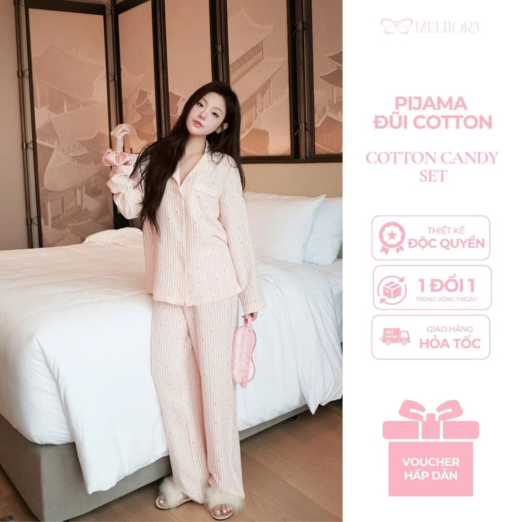 Bộ ngủ dài tay thu đông nữ họa tiết dễ thương chất liệu đũi cotton cao cấp , Bộ ngủ mặc nhà Pyjama