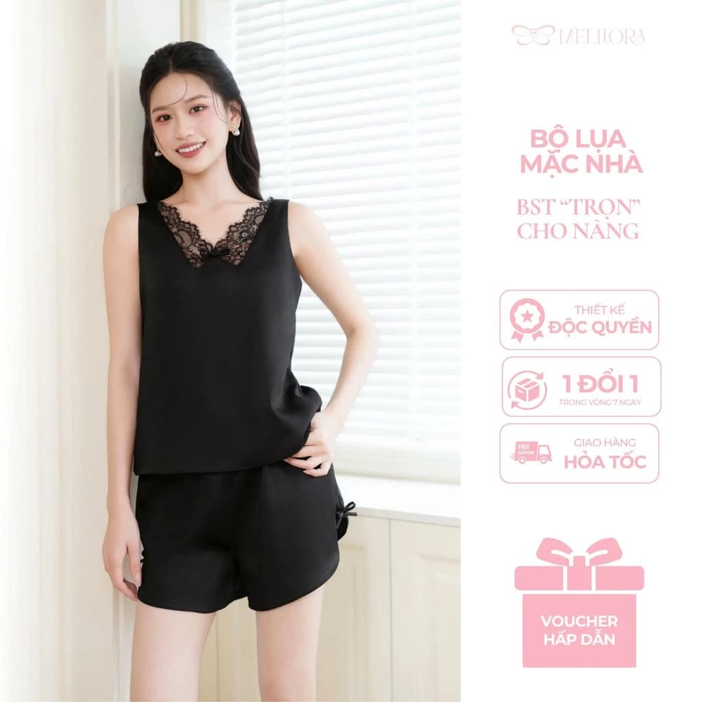 Đồ Ngủ Nữ Lụa Ngọc Trai Cao Cấp Phối Ren Cổ Tim Quyến Rũ – Mềm Mại Thoáng Mát Sang Trọng - B3D01