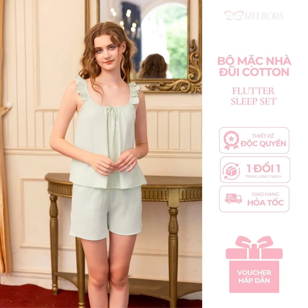 Bộ Đồ Ngủ Nữ 2 Dây Phối Bèo Dễ Thương – Chất Đũi Cotton Mềm Mịn Siêu Mát Mùa Hè Melli B2D0407