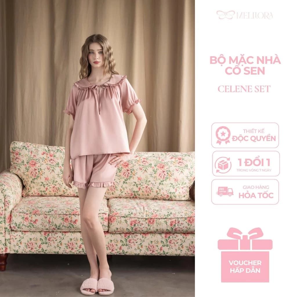 Bộ ngủ nữ MELLI babydoll cổ sen phối bèo chất lụa Latin Pháp cao cấp, mềm mại BC04