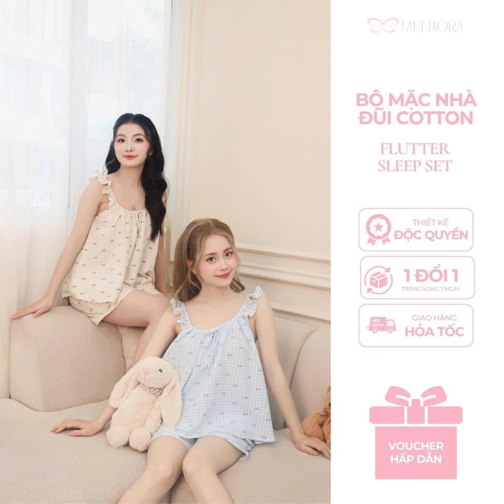 Bộ Ngủ 2 Dây Nữ Họa Tiết Xinh Xắn –Chất liệu Cotton Thoáng Mát Thoải Mái Thương Hiệu Melli - B2D08
