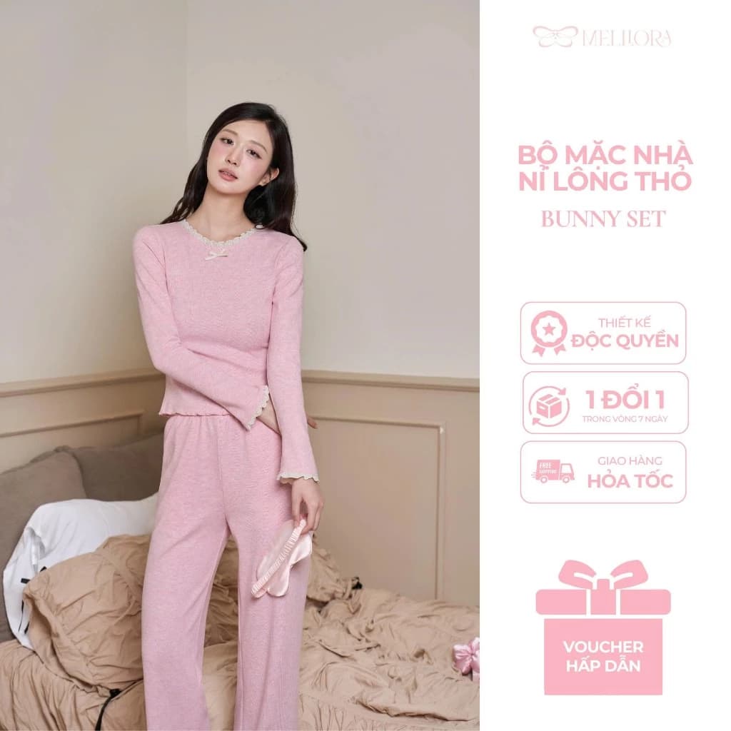Bộ Ngủ Thu Đông Phối Cổ Ren Chất Nỉ Lông Thỏ Form Ôm Giữ Nhiệt, Sét Thu Đông Mặc Nhà Nữ Giữ Ấm BDD07