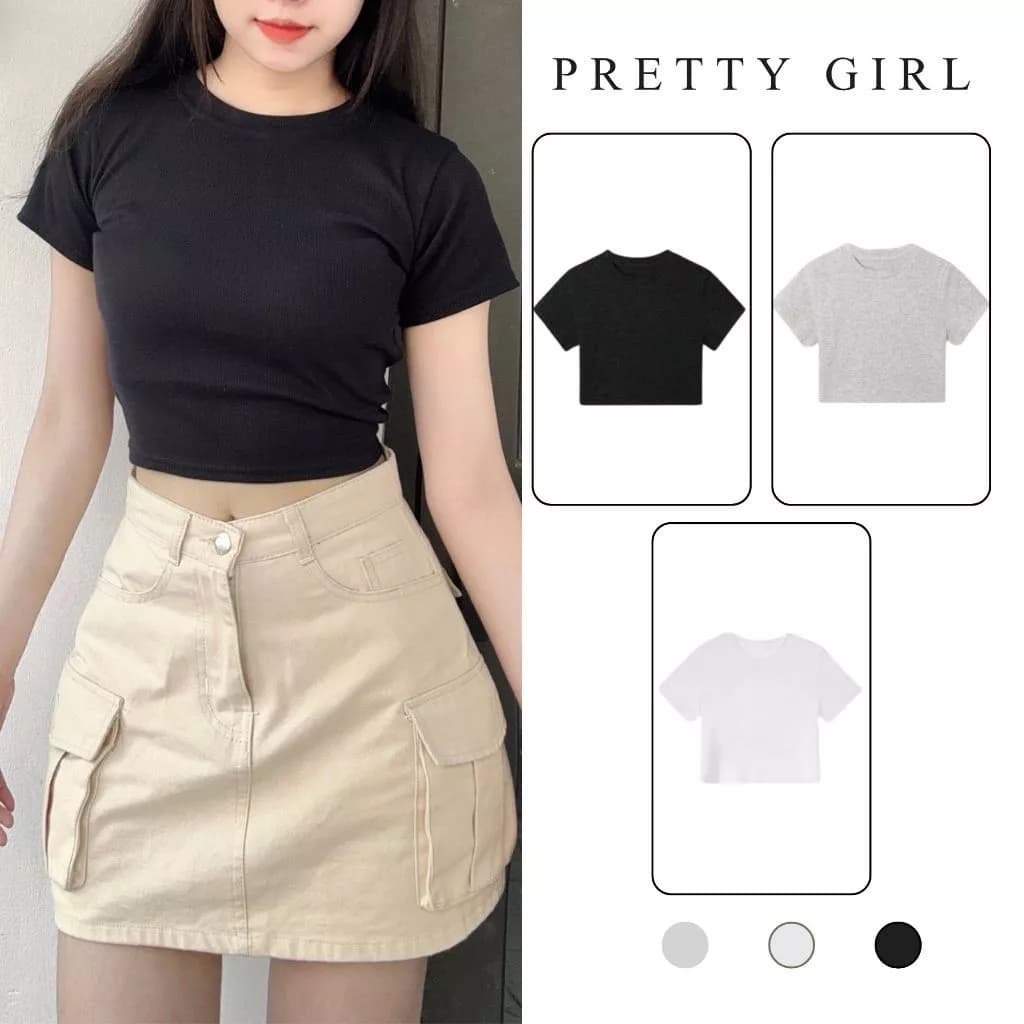 Áo Croptop Nữ Pretty Girl Cổ Tròn Vải Thun Mềm Mịn, Áo Thun Croptop Phong Cách Cá Tính, Năng Động