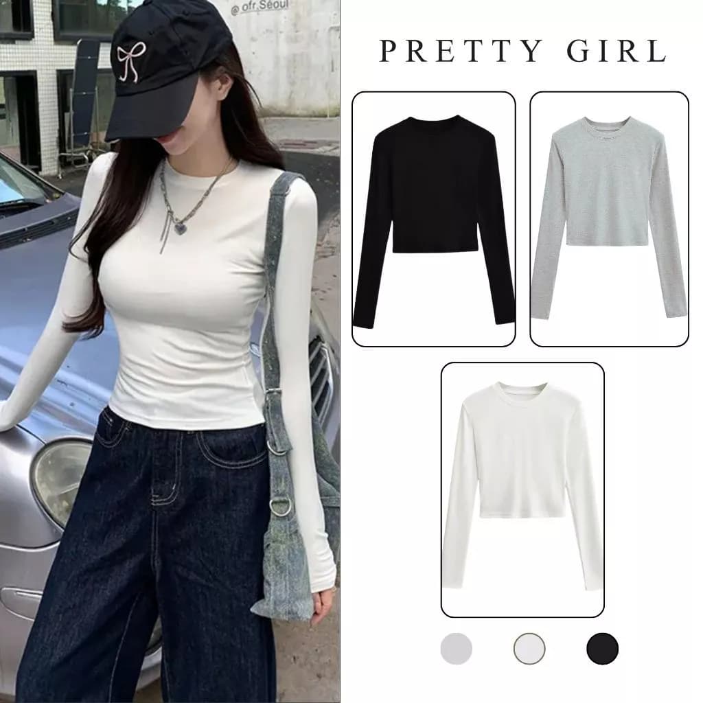 Áo Croptop Dài Tay Pretty Girl CRTD Basic, Áo Thun Giữ Nhiệt Ôm Body Hottrend Style Hàn Quốc