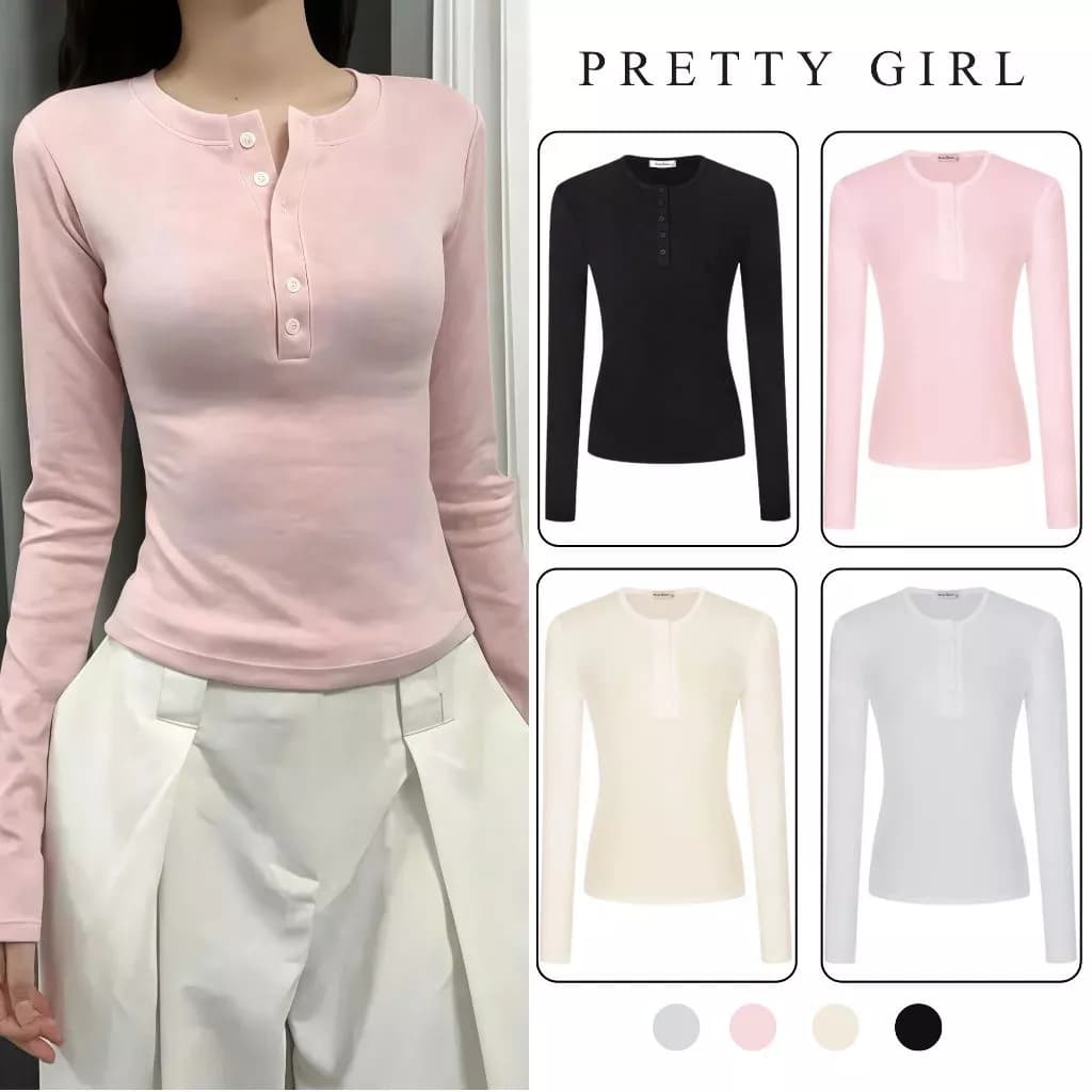 Áo Thun Nữ Dài Tay, Áo Thun Dài Tay Cổ Cúc Pretty Girl TCC Chất Liệu Lông Thỏ Co Giãn, Mềm Mịn