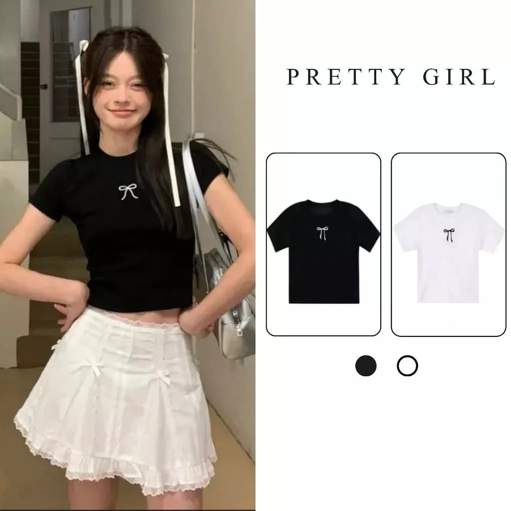 Áo Babytee Nữ Nơ Cổ Tròn Chất Liệu Vải Mềm Mịn Pretty Girl, Thoáng Mát Phong Cách Trẻ Trung
