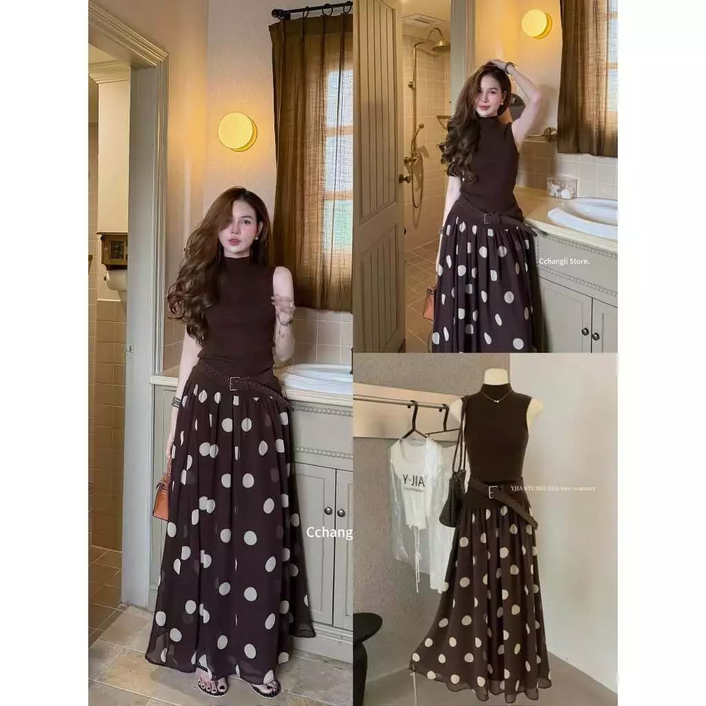 LYN-SET BỘ ÁO SÁT NÁCH NÂU MIX CHÂN VÁY DÀI CHẤM BI TO KÈM ĐAI CM22071