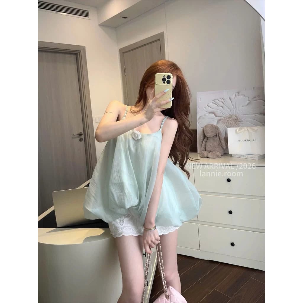 lyn- SET ÁO HAI DÂY TƠ ĐÍNH HOA TRÀ MIX CHÂN VÁY REN CAO CẤP NỮ LAN22071