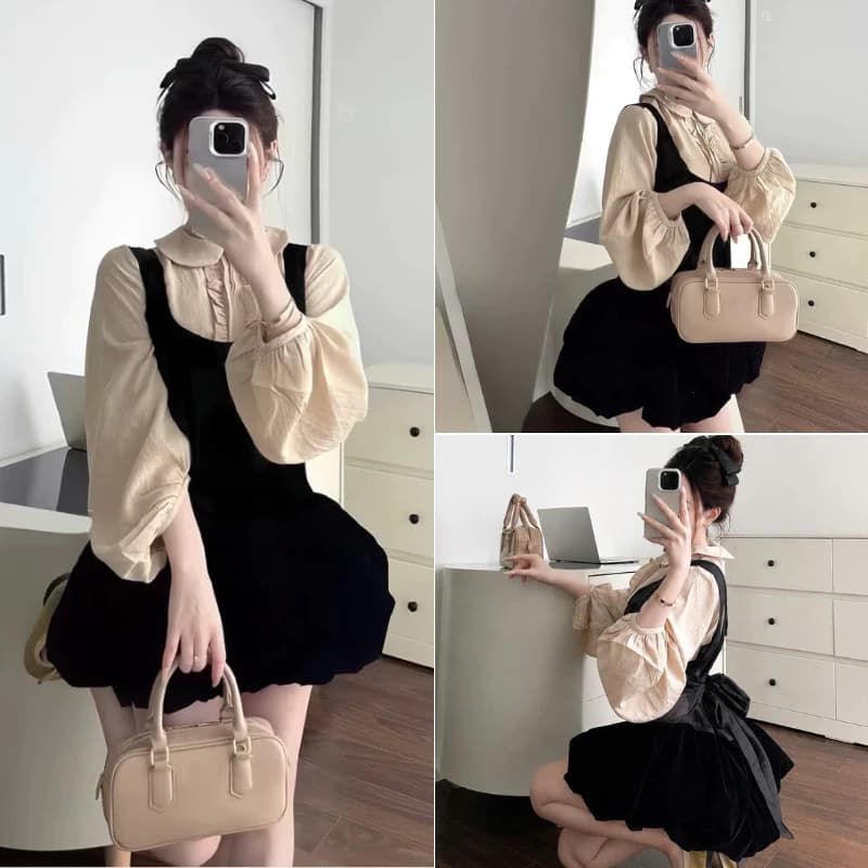 Set Váy Yếm Bí Nhung 2 Lớp Cột Nơ Kèm Áo Sơ Mi Cổ Sen Tay Bồng Viền Bèo Tiểu Thư MS155