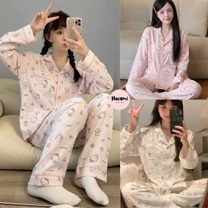 Bộ pijama nữ in hoạt hình nhiều mẫu dễ thương - Set đồ ngủ quần ống rộngkèm áo pyjama dài tay nhiều họa tiết đẹp