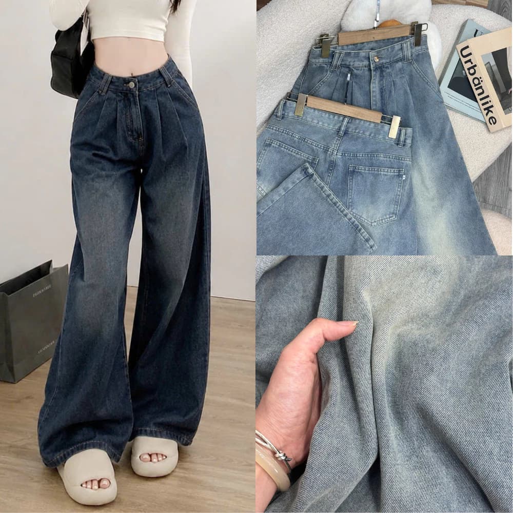 Quần jeans ống rộng bigsize nữ cạp cao chất mềm không co giãn dáng basic dễ phối đồ - Q590