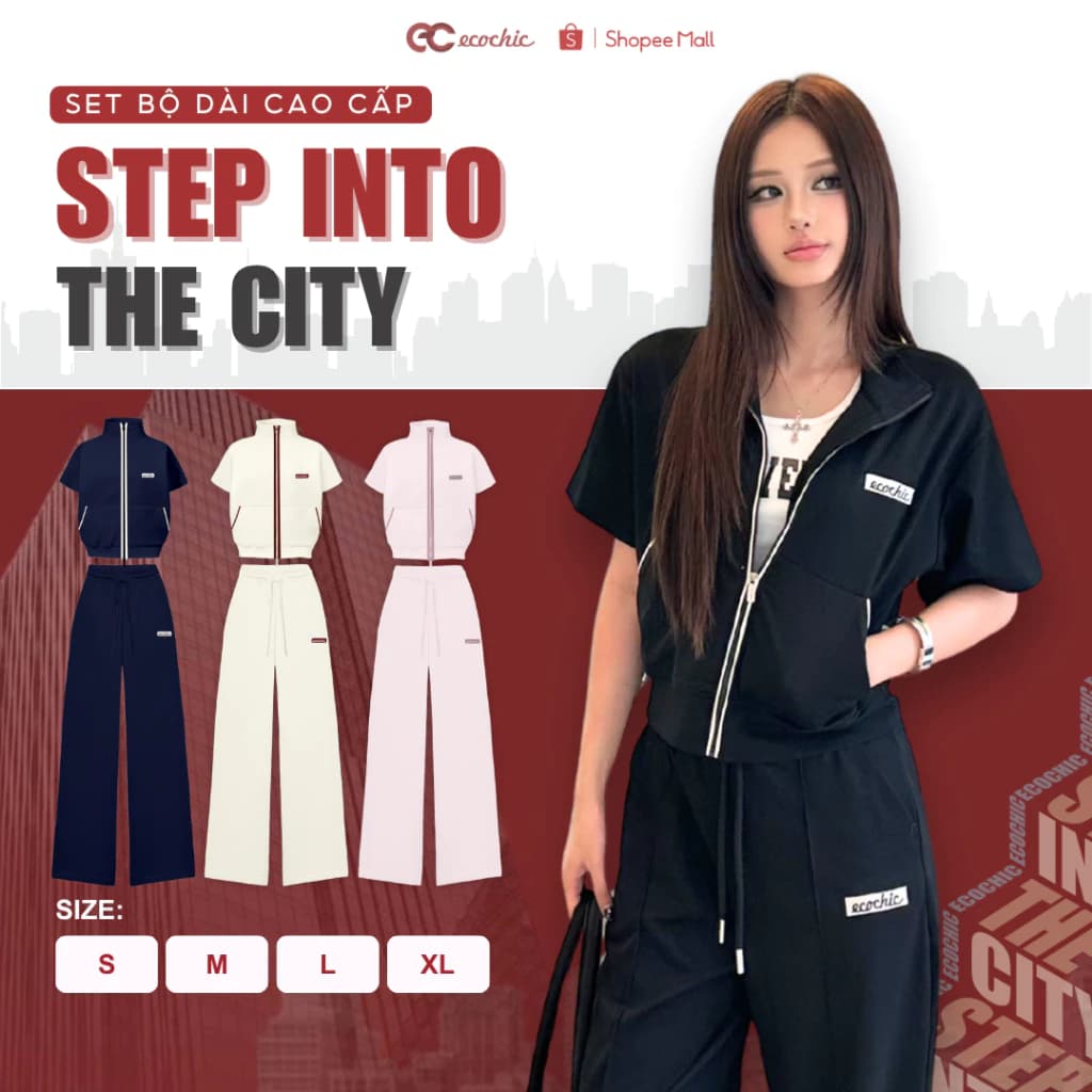 (LIVE KOL) Set Bộ Dài ECOCHIC B230 Áo Crop Khoá Kéo Phối Line Quần Ống Suông Cao Cấp Mềm Mịn Chính Hãng