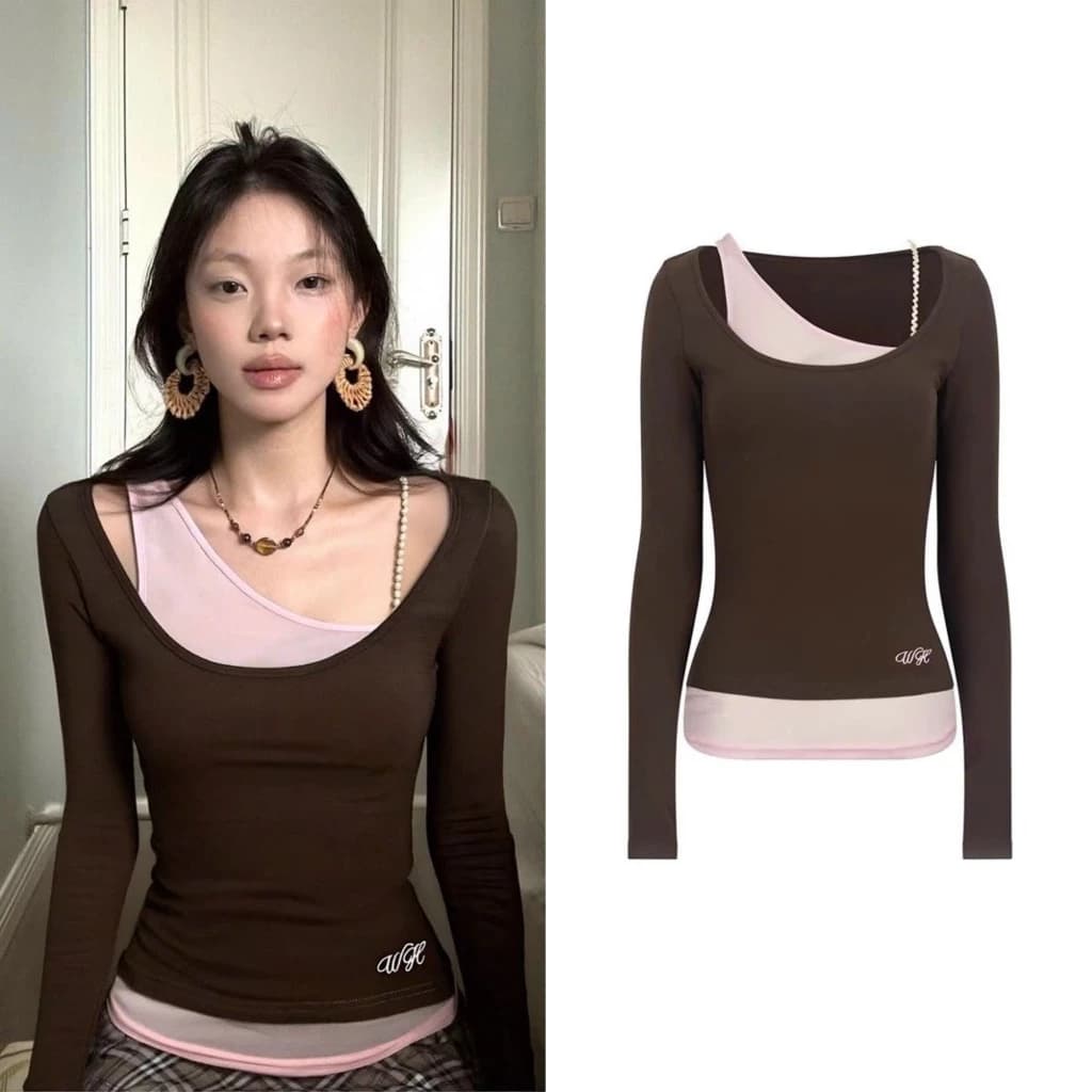 (sẵn)Áo thun dài tay nâu layer lệch vai hồng phối dây hoa ren cá tính ATDT094 - Tiktik