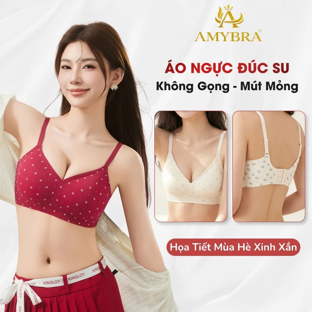 Áo Ngực Nữ Đúc Su Họa Tiết Nữ Tính Xinh Xắn, Áo Lót Không Gọng Mút Mỏng 0.5cm Êm Ái AMYBRA A974