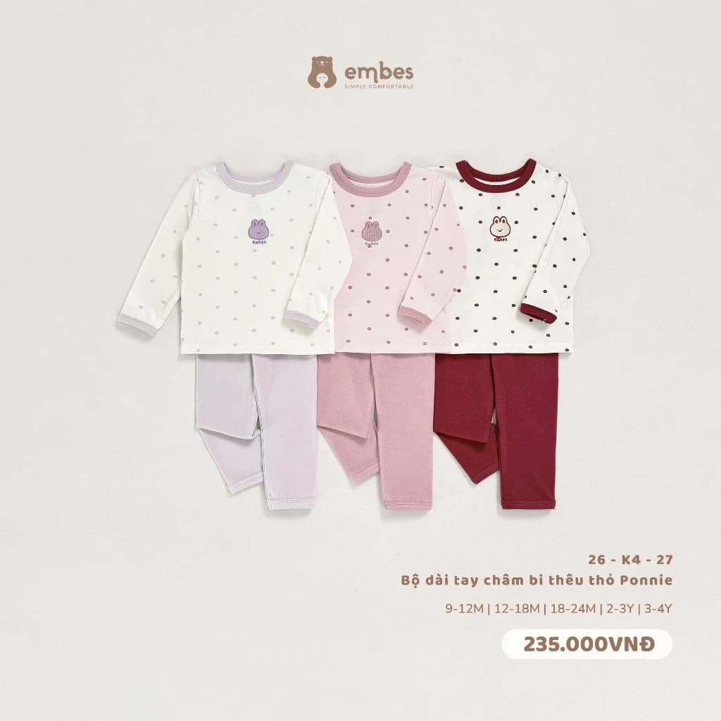 Đồ Bộ Cho Bé Gái Embes, Bộ Thu Đông Dài Tay Chấm Bi Họa Tiết Thêu Chất Viscose Mềm Mịn Size 8-18kg