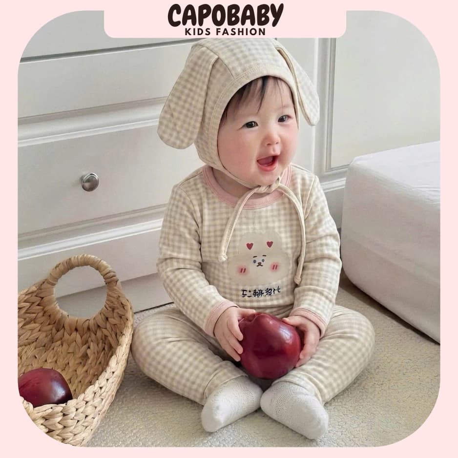 [Combo2b] Bộ Body Dài Tay Kèm Mũ Tai Thỏ Cho Bé Cotton Gân Co Giãn Mềm Mịn Họa Tiết Caro Dễ Thương [BN04]