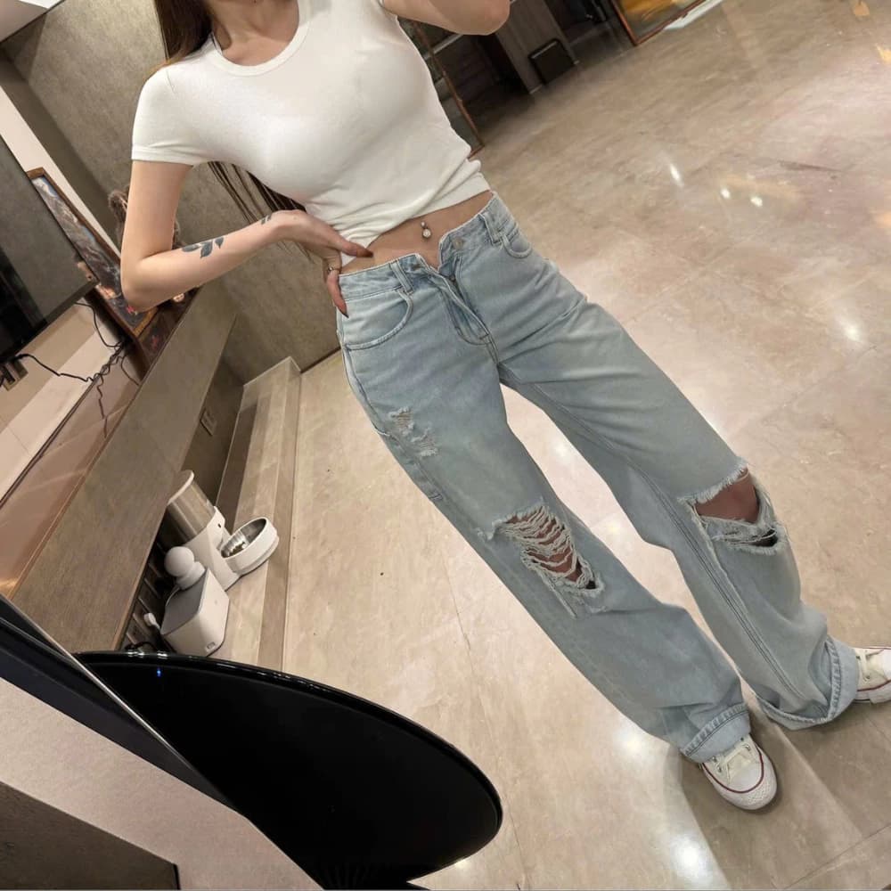 Quần jean nữ ống suông rách cá tính, quần jean ống rộng cao cấp phong cách Hàn Quốc S037P