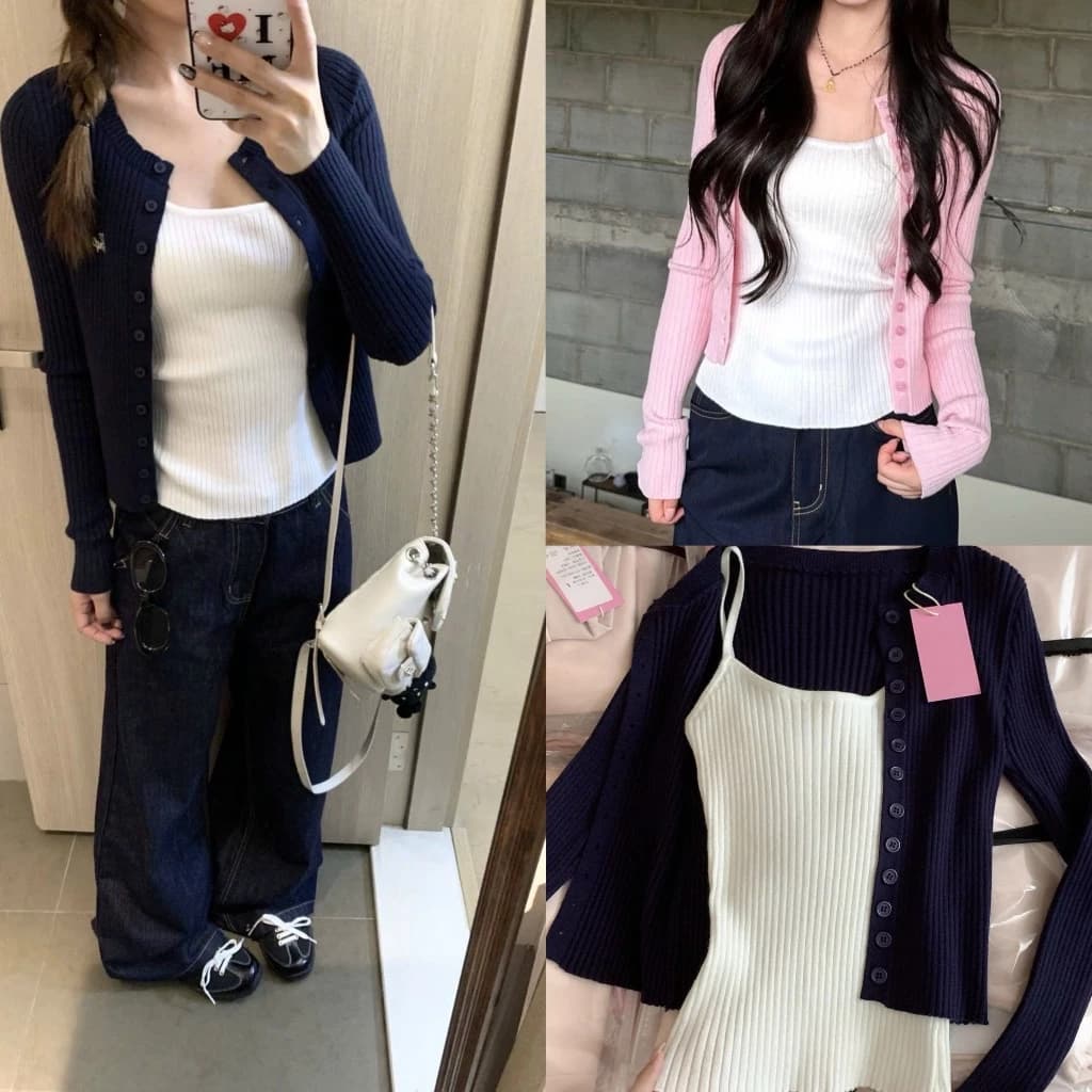 Set áo khoác cardigan len tăm và áo hai dây trắng co giãn mùa thu đông - TikTik