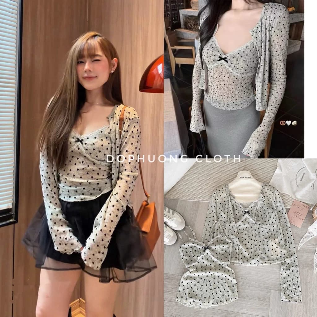 (Hàng QC sẵn - video chính chủ) See you SET 2 MÓN ÁO DÂY + CARDIGAN HOẠ TIẾT TRÁI TIM PHÙ HỢP CHO MÙA THU HẸN HÒ CAFE
