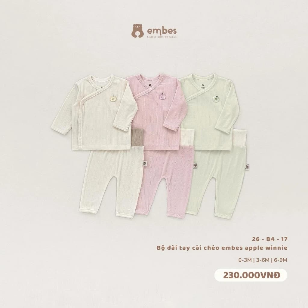 Bộ Sơ Sinh Embes, Bộ Dài Tay Sơ Sinh Cài Chéo Hình Thêu Chất Bamboo Mềm Mát Cho Bé Sơ Sinh Từ 0-9m