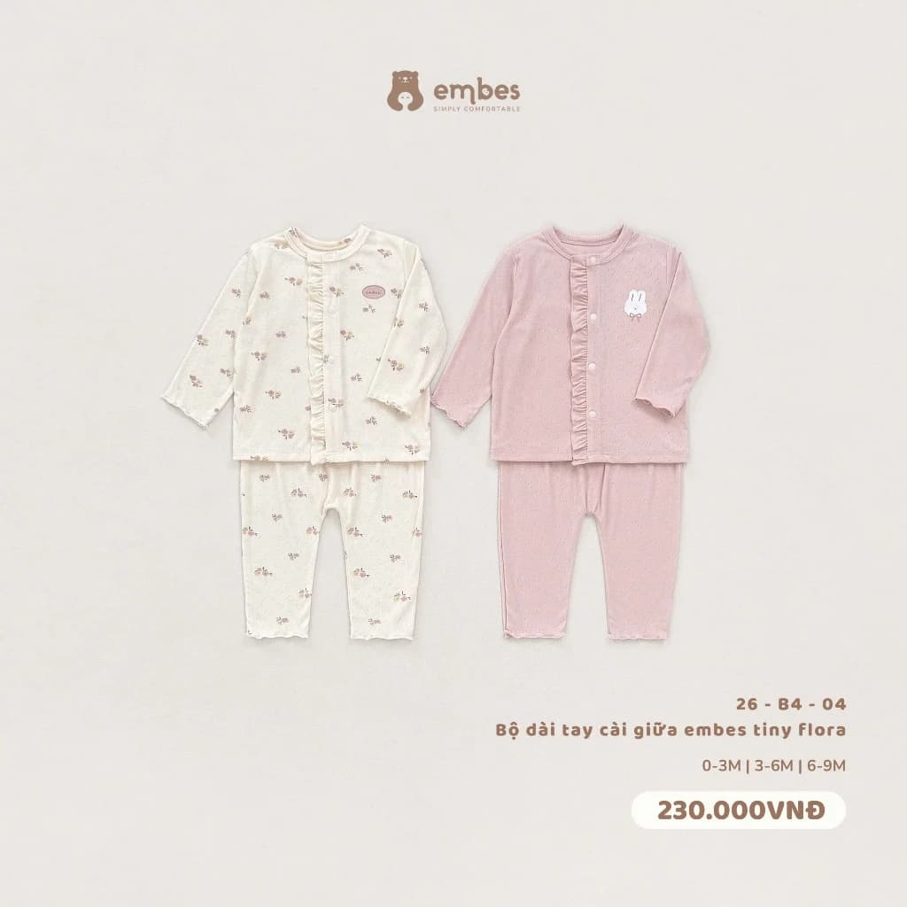 Bộ Bé Gái Sơ Sinh Embes, Bộ Dài Tay Thu Đông Hoạ Tiết Hoa Nhí Chất Bamboo Mềm Cho Bé Gái Size 0-9m