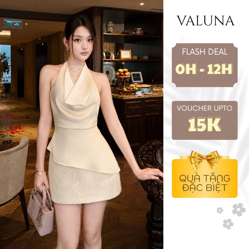 Váy yếm cổ đổ phối ren dáng ôm sang trọng tiểu thư dự tiệc cao cấp nữ VALUNA STORE 2722