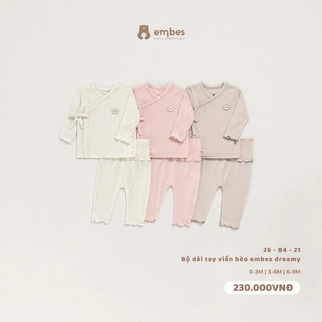 Bộ Sơ Sinh Embes, Bộ Dài Tay Thu Đông Viền Bèo Thiết Kế Cài Chéo Chất Rayon Cho Bé Gái Sơ SInh 0-9m