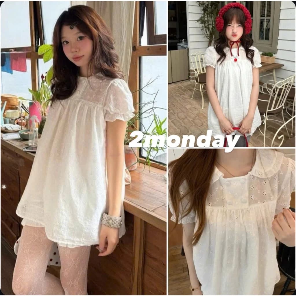 [SẴN/Loại 1] ÁO VÁY BABYDOLL CỔ SEN TAY PHỒNG DAISY MOCHI REN HOA 2MONDAY S65