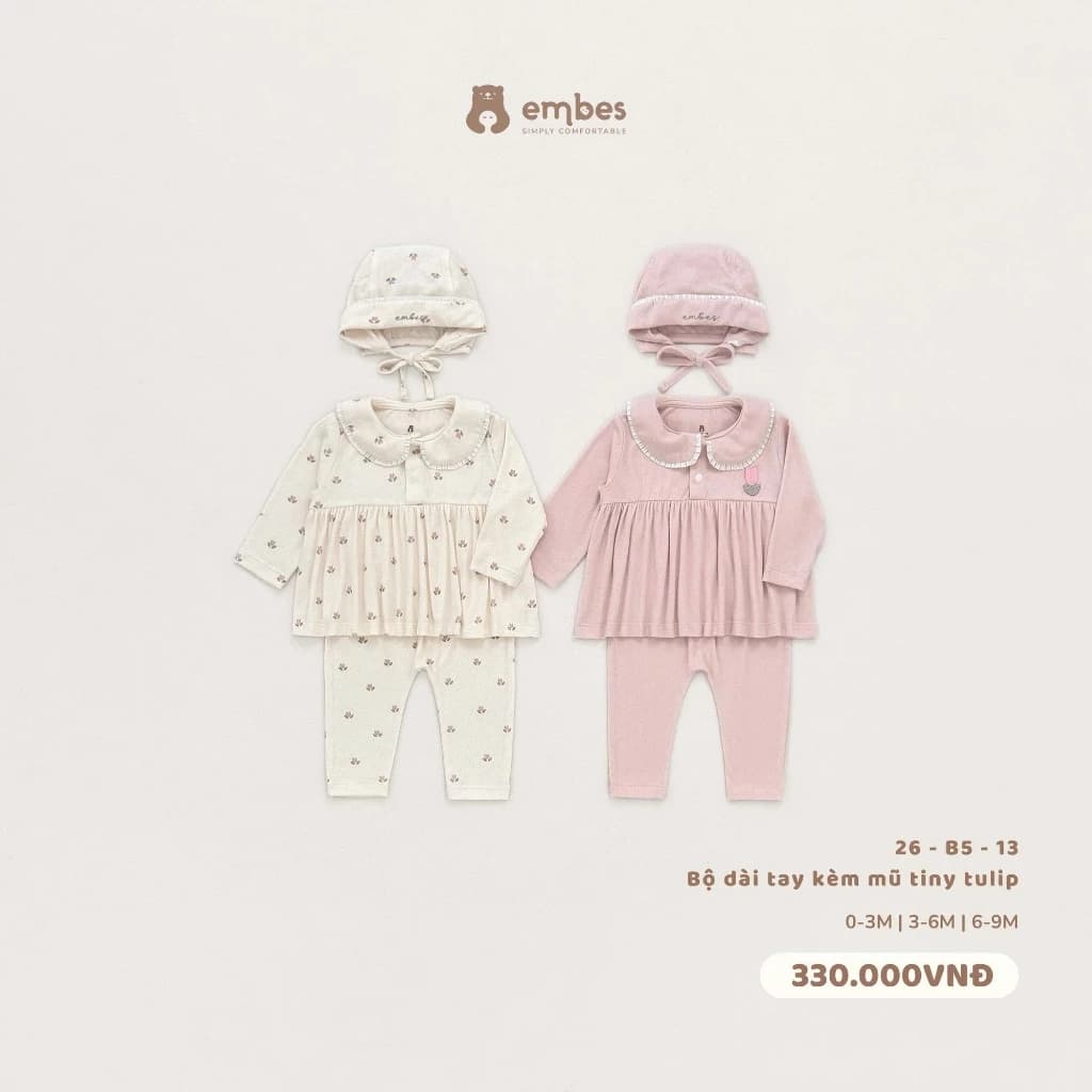 Bộ Bé Gái Sơ Sinh Embes, Bộ Dài Tay Kèm Mũ Thiết Kế Cổ Sen Chất Bamboo Mềm Mịn Cho Bé Gái Từ 0-9m