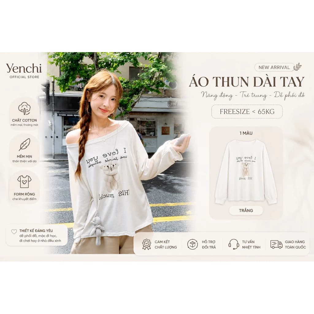Áo Thun Lệch Vai Dài Tay Nữ Form Rộng In Hình Gấu Dễ Thương Phong Cách Hàn Quốc
