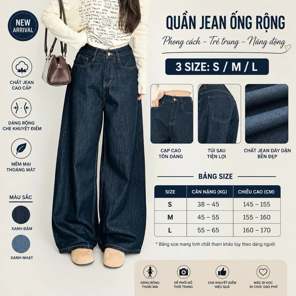 Quần Jean  Ống  Rộng Nữ ,  quần jeans trơn màu xanh đậm phối chỉ nổi cạp cao hack dáng