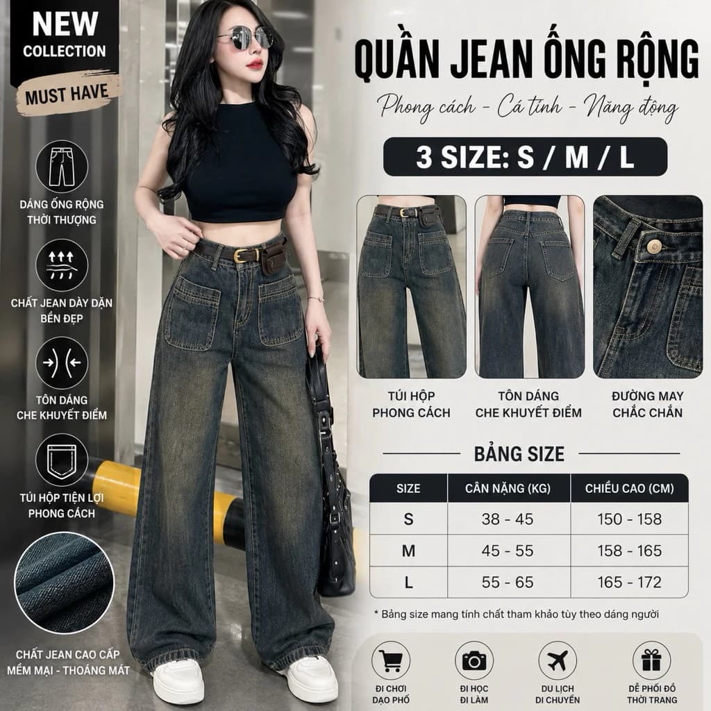 Quần Jeans suông nữ 2 túi trước . Quần bò ống rộng cạp cao phong cách