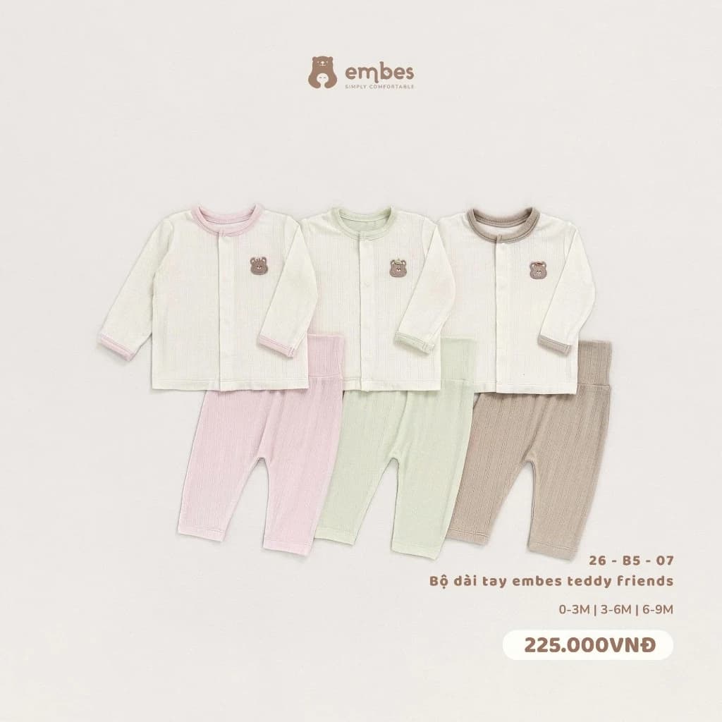 Bộ Sơ Sinh Bé Trai Bé Gái Embes, Bộ Thu Đông Cài Giữa Hình Thêu Chất Bamboo Mềm Cho Bé Size Từ 0-9m