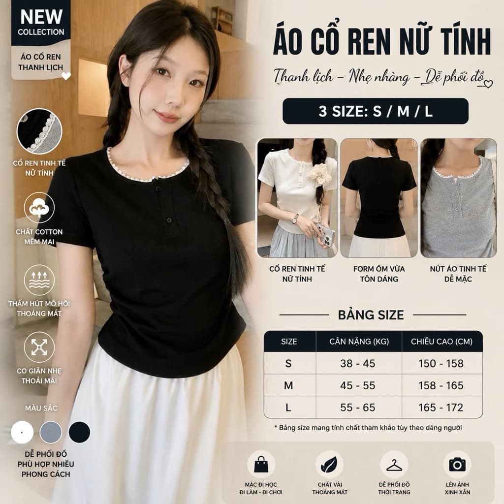 Áo thun cộc tay phối cúc cổ ren , áo babytee  cổ tròn cách điệu phong cách nhẹ nhàng