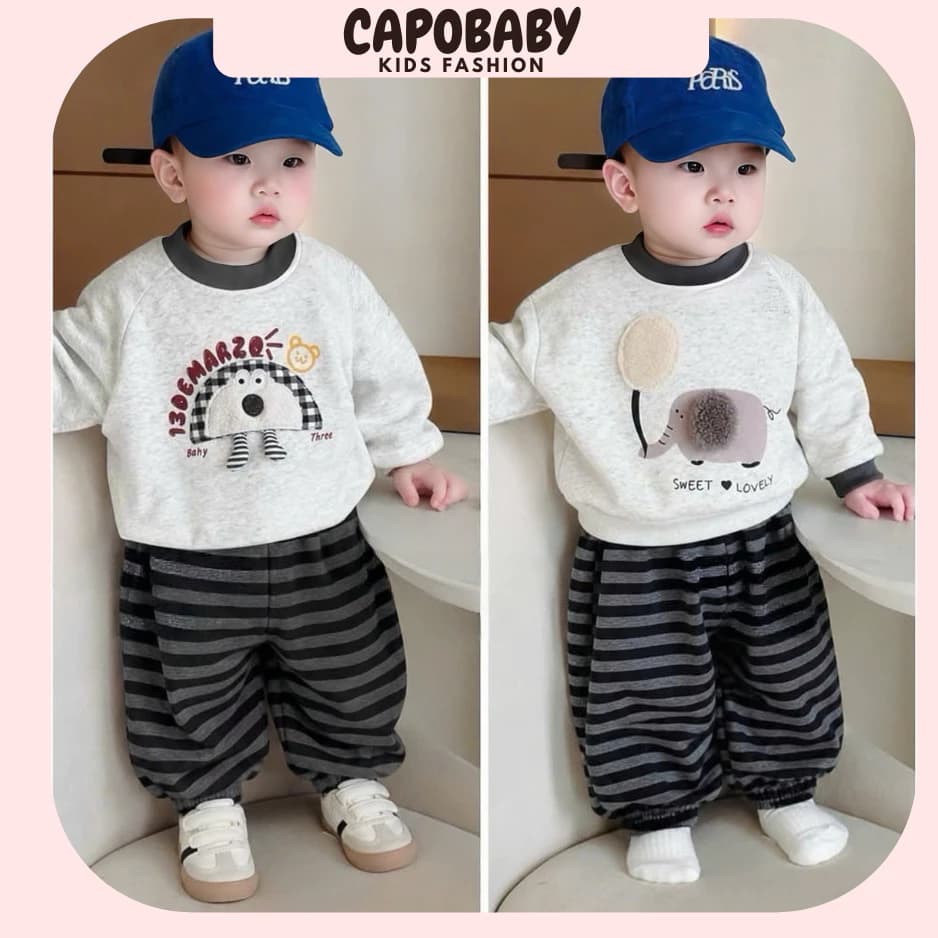 [COMBO 2B]Bộ Quần Áo Dài Tay Bé Trai Cotton Hình Đáng Yêu Quần Bo Sọc Ống Bo Hàn Quốc[VN02]