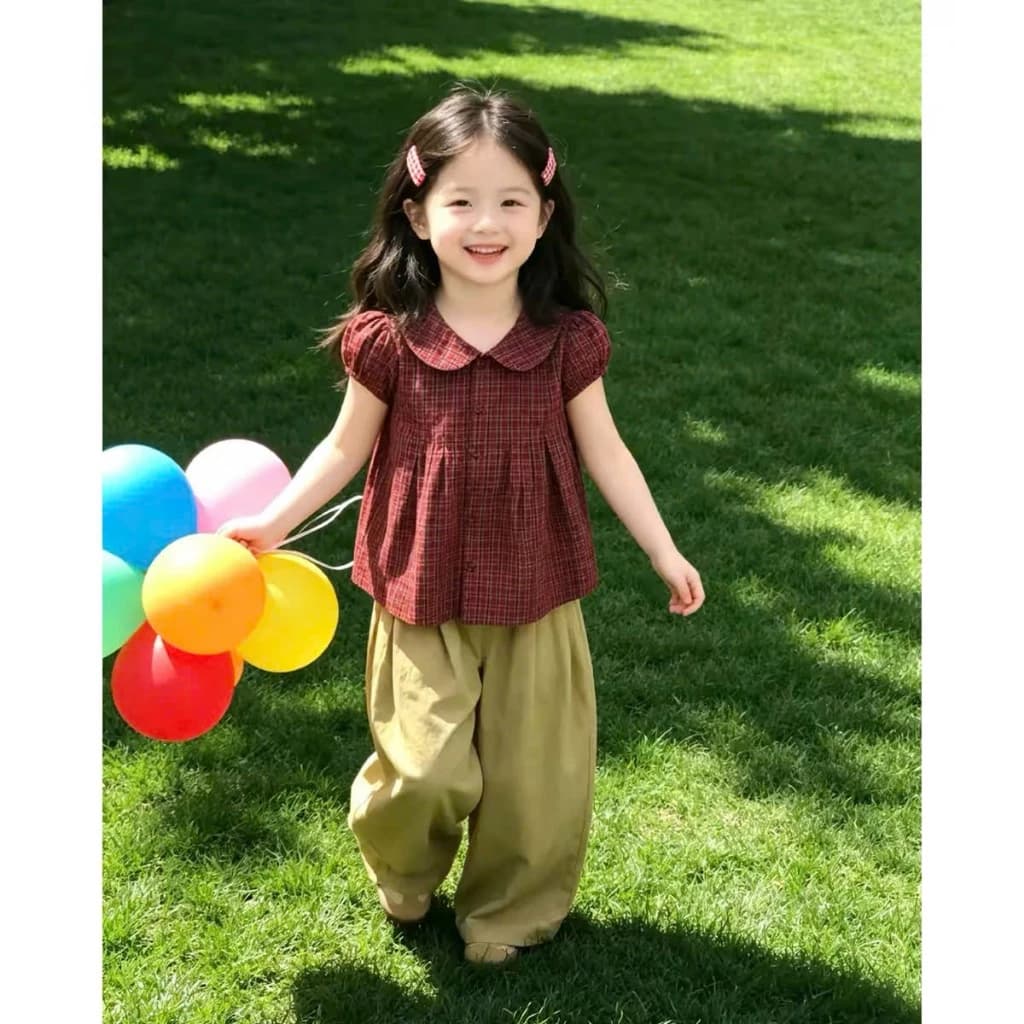 Set Đồ Bé Gái Hàn Quốc Áo Caro Cổ Sen Tay Phồng Quần Suông Ống Rộng Cotton Mềm Cho Bé Phong Cách Hàn Quốc M69