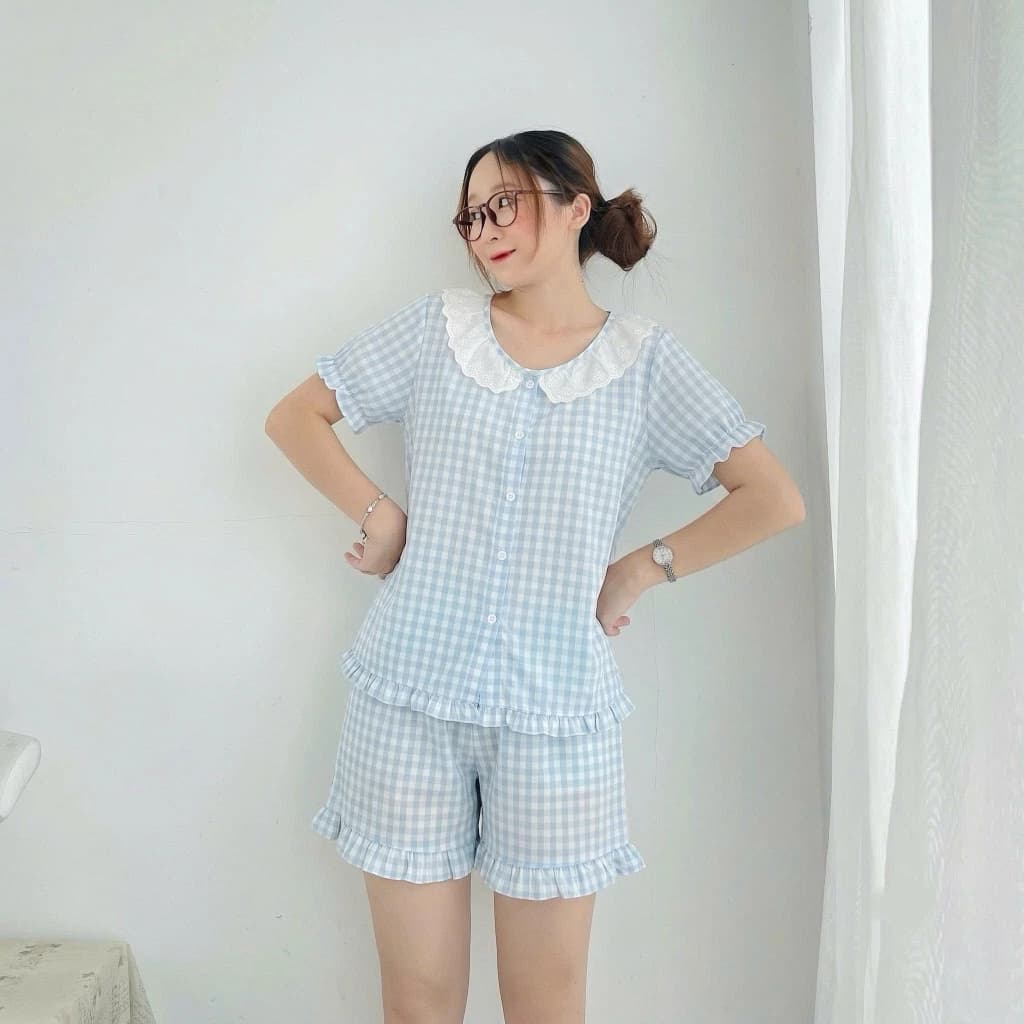 Bộ đồ ngủ babydoll cổ viền ren quần lửng chất liệu kate cotton Hàn mềm mại và thấm hút mồ hôi tốt
