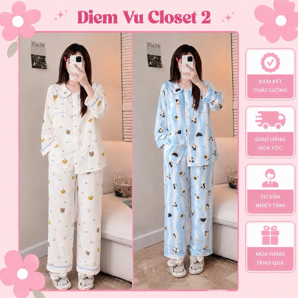 (HÌNH THẬT) Set pijama tay dài quần dài chất liệu đũi Hàn mềm mịn, bộ đồ mặc nhà/ đồ ngủ nữ dáng dài dễ thương