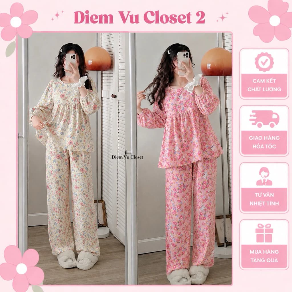 (HÌNH THẬT) Set pijama tole lạnh form babydoll dài, bộ mặc nhà/ đồ ngủ nữ form dài thoáng mát dẽ thương Diem Vu Closet
