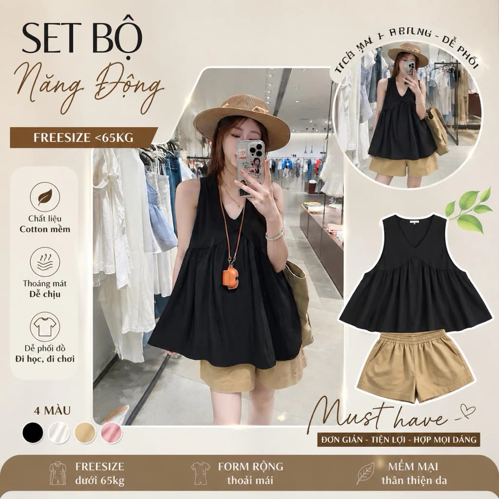 Set Bộ  áo babydoll sát nách kèm quần short kiểu dáng tiểu thư