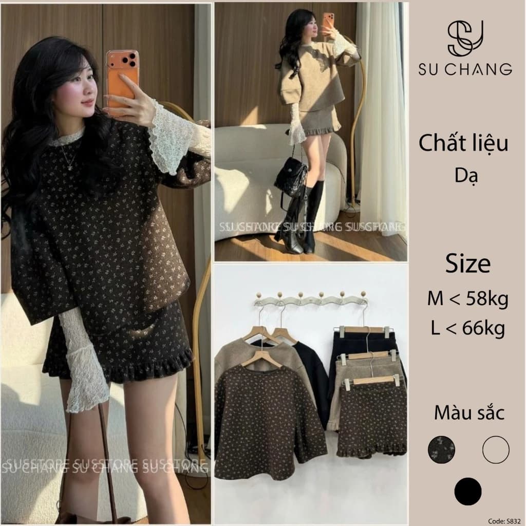 (CÓ LẺ ÁO) Set Áo Dạ Tay Bồng Cổ Tròn Kèm Chân Váy Viền Bèo S832 Su Chang Thời Trang Nữ