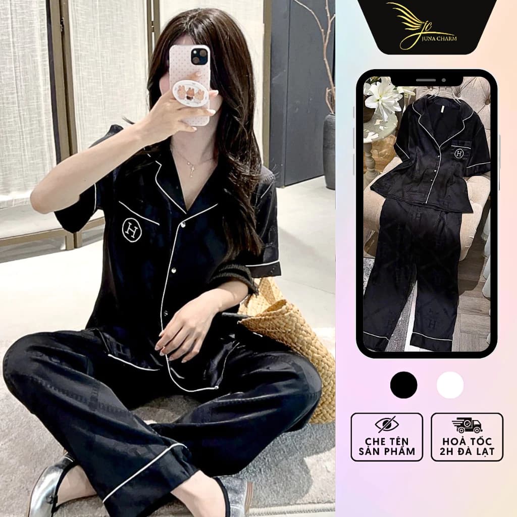 Bộ Pijama Mặc Nhà, Đồ Bộ Tay Ngắn Quần Dài JUNA Freesize Thời Trang Đồ Ngủ Dành Cho Nữ, Chất Vải Lụa Gấm, Màu Đen/SP2532