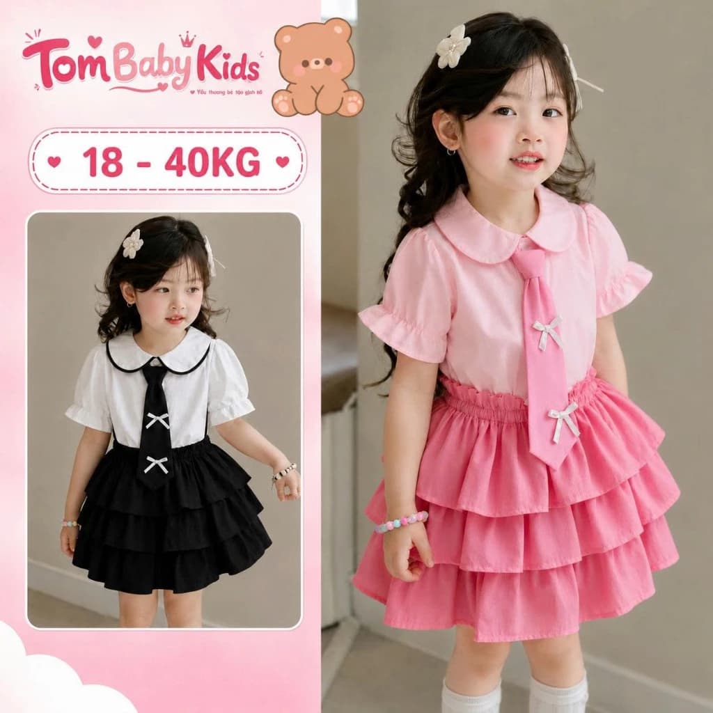 Set đồ học sinh bé gái tay bèo phối chân váy tầng, Tặng Cà Vạt đính nơ siêu xinh 18-38kg Tom Baby Kids (HS-152HN)