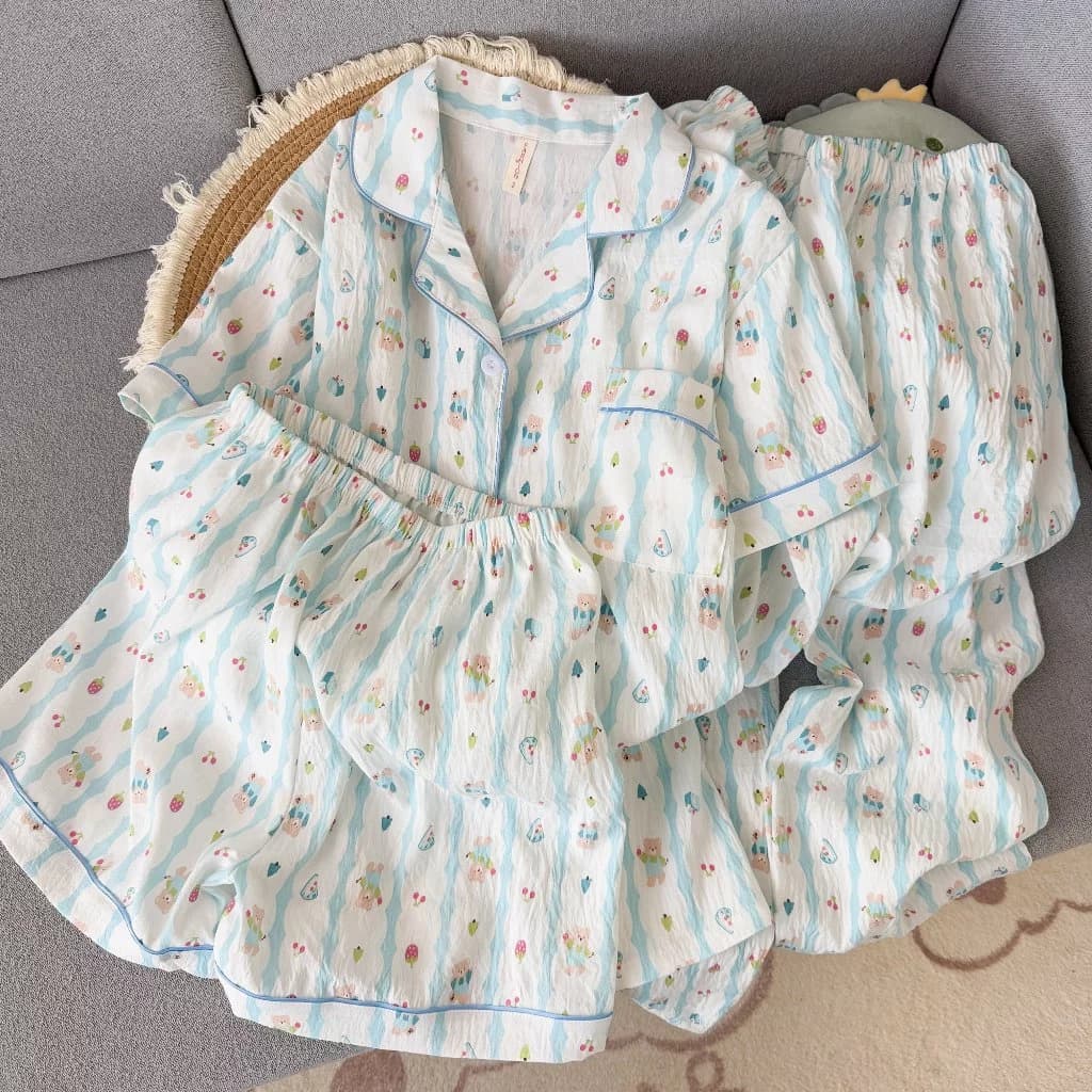 Bộ 3 đồ ngủ nữ Pijama Tay ngắn cotton Mềm mại thoải mái Hoạt hình dễ thương Thêu hoa đồ mặc nhà 301